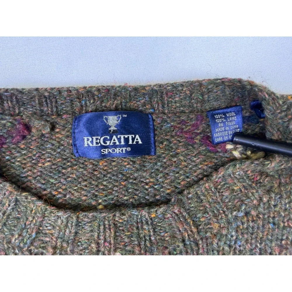 Regatta Sport Vtg 100% Wool Fair Isle Knit Crewneck Sweater Mens XL Green Purple